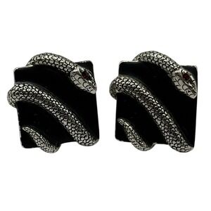 Swank Snake Cufflinks Red Crystal Eyes VTG Silver Tone & Black Bullet Back